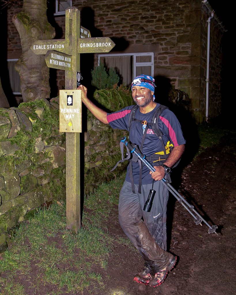 Javed Bhatti arrives at Edale at the end of his double Pennine Way run. Photo: John Bamber