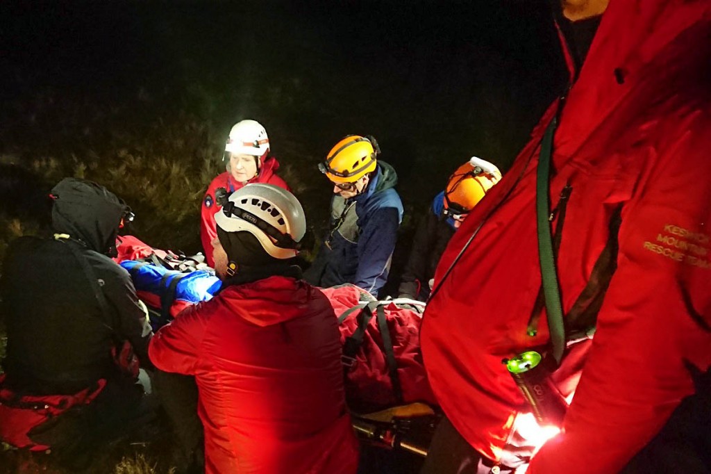 Rescuers stretchered the injured man from the fell. Photo: Keswick MRT Rescuers stretchered the injured man from the fell. Photo: Keswick MRT