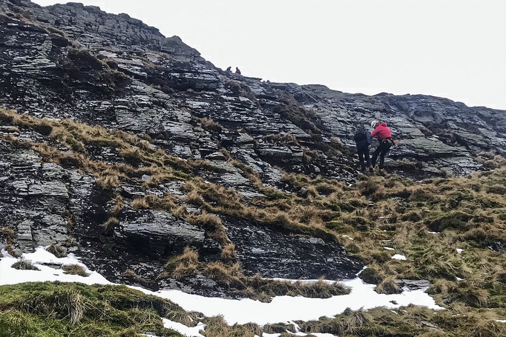 The team rigged up a rope system to bring the pair to safety. Photo: Keswick MRT The team rigged up a rope system to bring the pair to safety. Photo: Keswick MRT