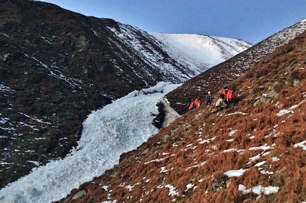 The rescue scene, with avalanche debris in the gill. Photo: Keswick MRT