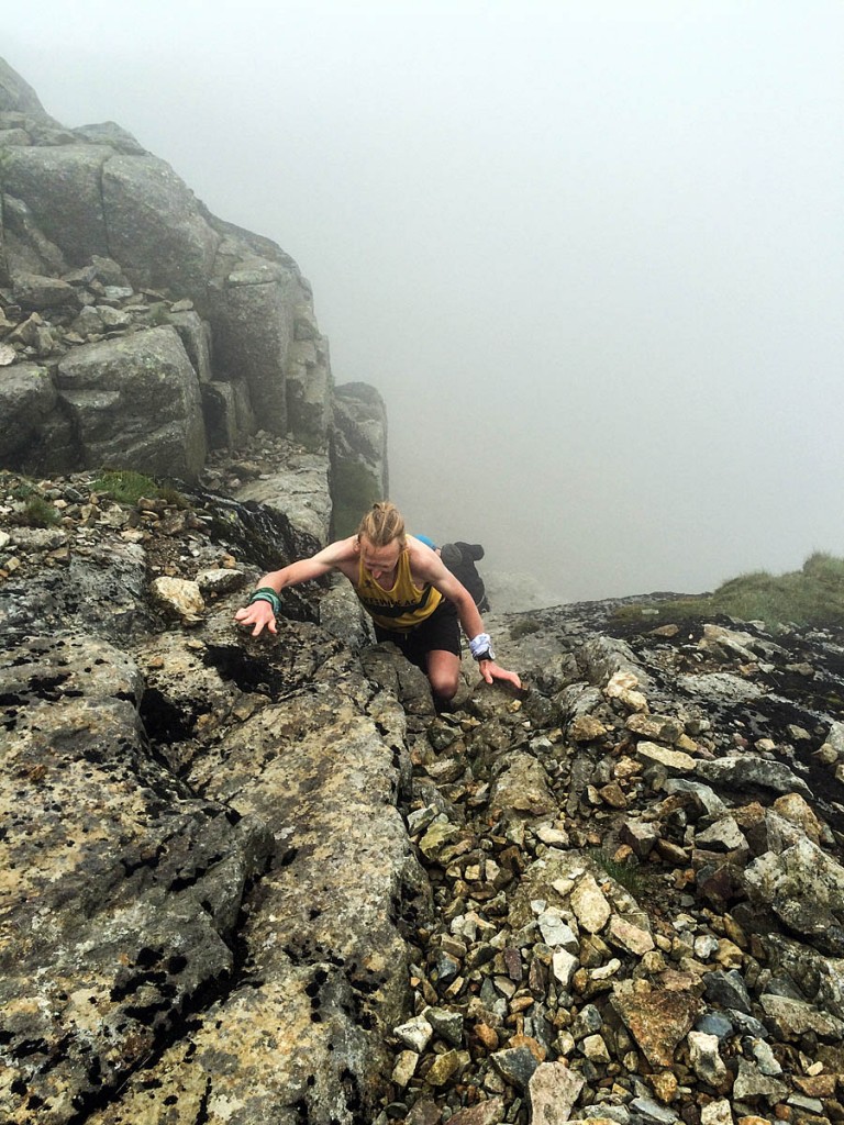 Steve Angus on leg three of the Billy Bland Challenge climbing Broad Stand between Scafell Pike and Scafell, the oldest recorded rock-climb in the Lake District and still a serious undertaking in wet conditions