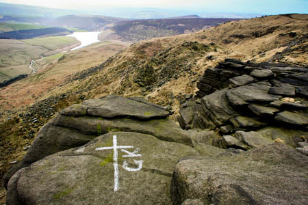 The marked stone on Kinder Scout, bearing George King's initials