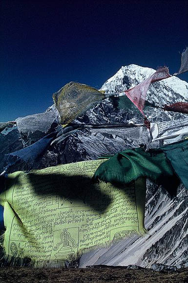 Langtang Lirung, with prayer flags in the foreground.