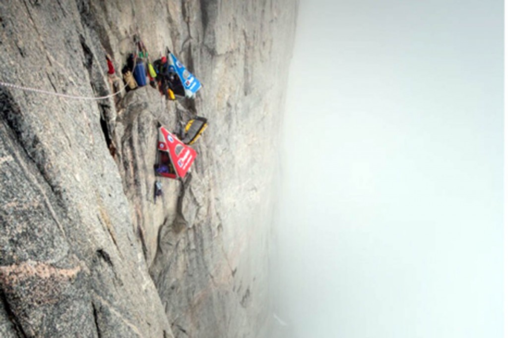 The climbers on the Bedouin Camp ledge before a storm struck. Photo:  Matt Pycroft/Coldhouse Collective/Berghaus