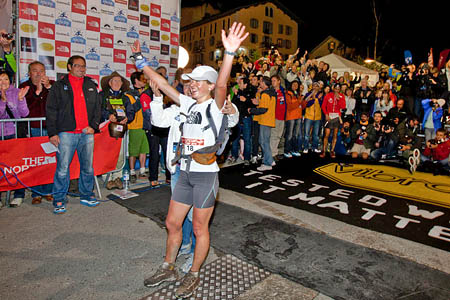 Lizzy Hawker celebrates her 2010 women's victory in the Ultra-Trail du Mont Blanc. Photo: Damiano Levati/The North Face