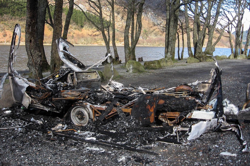 A burnt-out caravan on the shore of Loch Lubnaig. Photo: Loch Lomond and the Trossachs NPA A burnt-out caravan on the shore of Loch Lubnaig. Photo: Loch Lomond and the Trossachs NPA