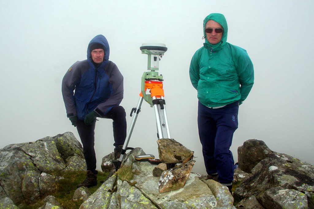 Graham and John beside the Leica GS15 at the summit of Moelwyn Mawr North Ridge top. Photo: Myrddyn Phillips