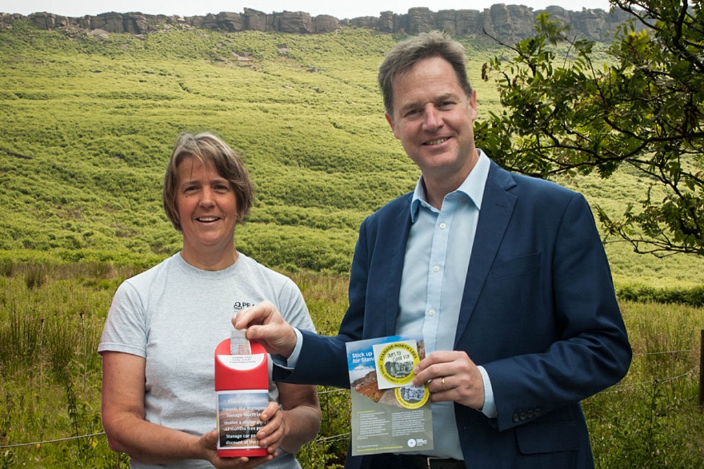 Nick Clegg receives his Stanage sticker from Rebekah Newman Nick Clegg receives his Stanage sticker from Rebekah Newman