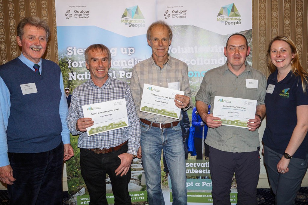 Oats chair Ian Moffett, left, and The Mountains and The People project officer Julie Wilson join award winners, from left, Euan Ramage, James Brownhill and James Gillies