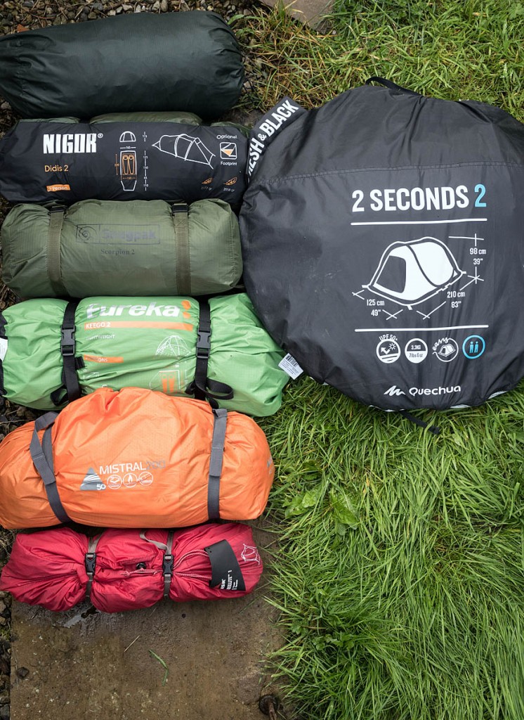 The packed tents, from top: Bergans of Norway; Nigor; Snugpak; Eureka; Vango, and MSR, with the Quechua, right