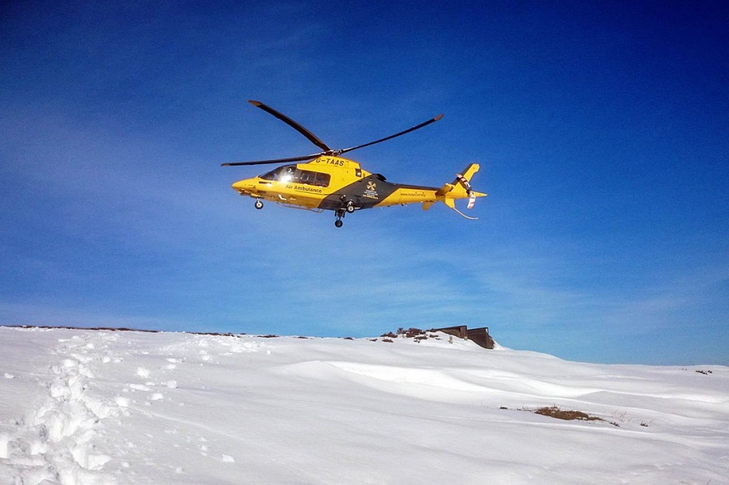 The Derbyshire, Leicestershire & Rutland Air Ambulance was unable to land in deep snow. Photo: Glossop MRT