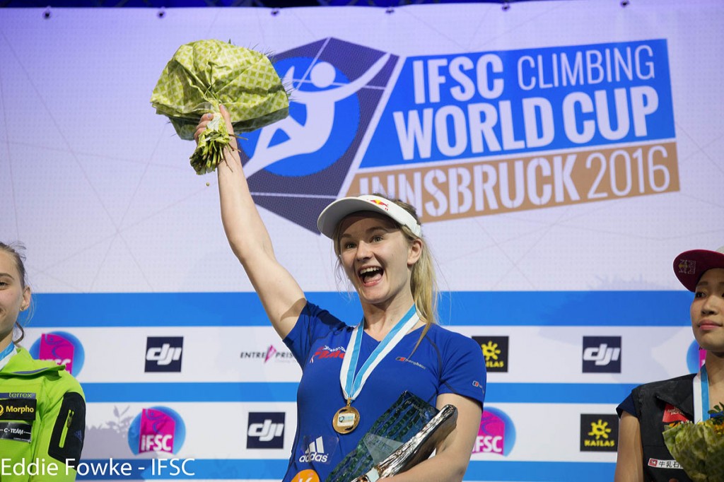 Shauna Coxsey celebrates another gold at Innsbruck. Photo: Eddie Fowke/IFSC Shauna Coxsey celebrates another gold at Innsbruck. Photo: Eddie Fowke/IFSC