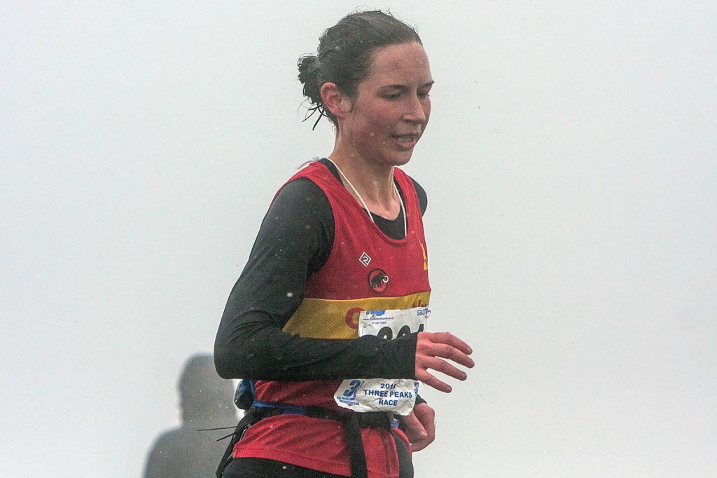 Fastest woman Helen Bonsor, of Carnethy Hill Running Club, who finished in 44th place overall, in the murk and rain on top of Whernside