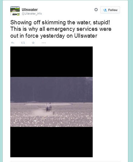 The picture on Twitter shows a plane touching the lake surface The picture on Twitter shows a plane touching the lake surface