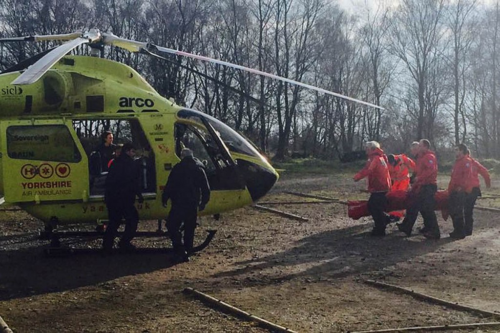 The injured man is stretchered to the air ambulance. Photo: Upper Wharfedale FRA